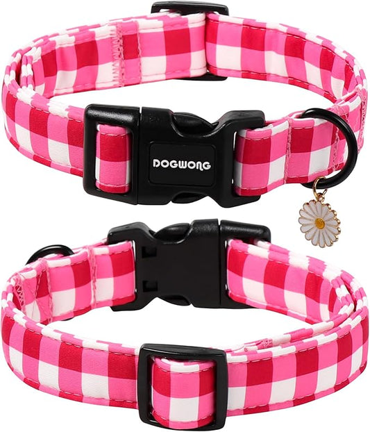 DOGWONG Pink Checkered Dog Collar, Cute Pink Plaid Dog Collars, Adjustable Girl Female Pet Collars Design Dog Collar for Small Medium Large Dogs