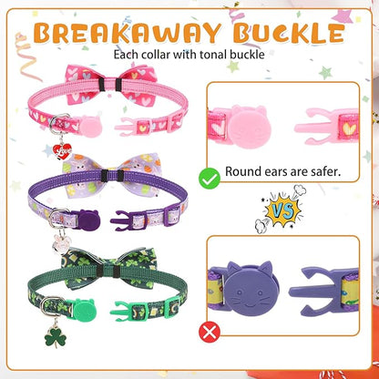 KOOLTAIL St Patricks Day Cat Collars Breakaway with Bowtie and Bells,3 Pack Adjustable Fancy Easter Kitten Collar with Safety Buckle for Girls Boys Kitty,Cute Cat Charm Pendant Holiday