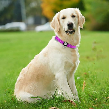 azuza Reflective Dog Collar,Soft Neoprene Padded Pet Collar with ID Tag Ring,Adjustable for Large Dogs,Purple,L