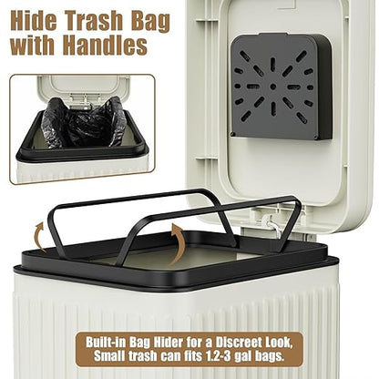 Dog Poop Trash Can for Outside & Indoor, 5L/1.3Gal Small Odor Control Pet Waste Bin with Carbon Filter, 2-Way Open (Step & Press Top), Dog Waste Container with Trash Bag Holder, White
