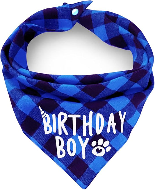 AnF Birthday Plaid Dog Bandana and Triangle Dog Scarf - Soft Cotton, Dual Layer, Washable Bandanas with Adjustable Button for Girls & Boys - Small to X-Large Dogs