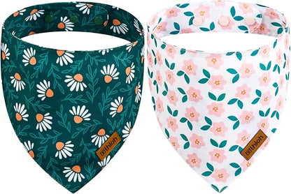 Spring Dog Bandanas with Snap Button, 2 Pack Floral Dog Scarf for Boy & Girl, Premium Durable Fabric, Adjustable Fit, Unique Shape, Gift for Dogs, Daisy Bandana for Small Dogs (Small)
