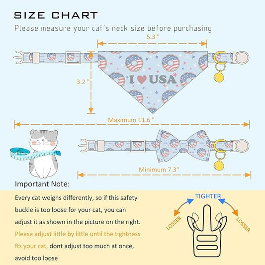Faygarsle 2 Pack Patriotic Cat Collar Set with Bandana and Bow Tie, USA Flag Donuts Pattern, Light Blue