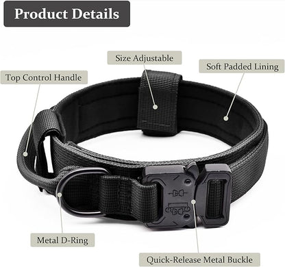 Tactical Dog Collar, Adjustable Military Training Nylon Dog Collar with Control Handle and Heavy Quick-Release Metal Buckle for Small Medium Large Dogs, Black XXL