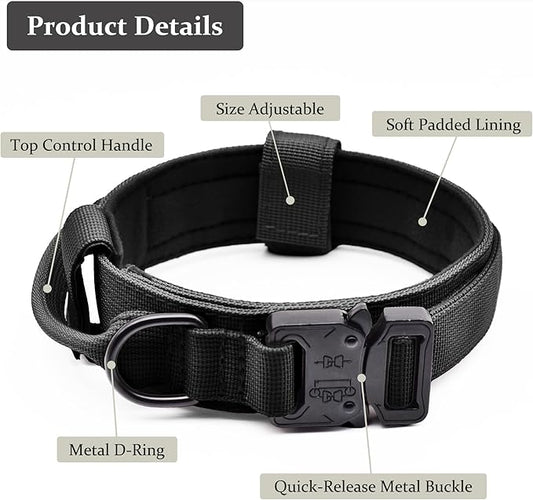 Tactical Dog Collar, Adjustable Military Training Nylon Dog Collar with Control Handle and Heavy Quick-Release Metal Buckle for Small Medium Large Dogs, Black XXL