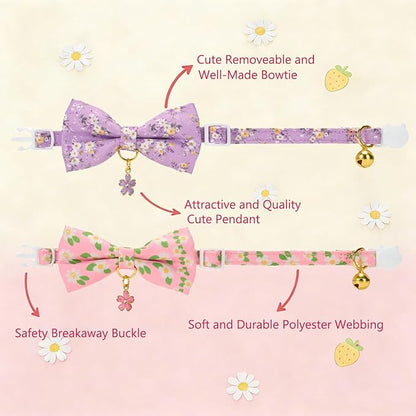 2 Pack Floral Cat Collars with Bow Tie and Bell Adjustable Breakaway Bowtie Cute Kitten Collar(Purple & Pink Flowers)