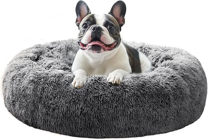 JOLLYVOGUE Calming Dog Bed Large Size Dog, Anti-Anxiety Donut Large Pet Bed, 36 inches Fluffy Faux Fur Round Cat Bed, Fits up to 75 lbs Pets (Smoke Black)
