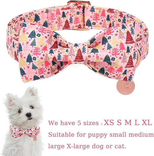 Christmas Dog Collar with Bow Tie, Pink Christmas Tree Collars for Dogs, Adjustable Pet Collar with Cute Xmas Tree Pendant, Winter Dog Accessories for Small Medium Large Dogs XS