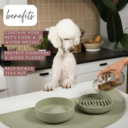 Should We Go - Waterproof Silicone Pet Food Mat - Non-Slip, Spill-Proof Feeding Mat for Floors, Raised Edge Design, Easy-to-Clean, Rubber Pad for Dog & Cat Bowls, 28" Across x 14" Deep, Large-Sage
