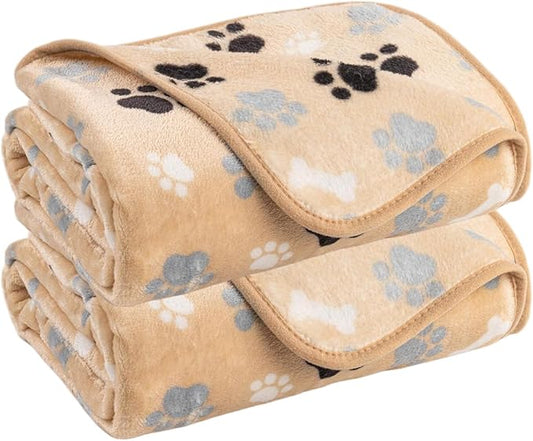 Dog Blanket Paw Bone Pattern 1 Pack 2 Super Soft Warm Flannel Sofa Cover Car Bed Protector, Urine Proof Washable Outdoor Pet Blanket for Puppy Large Dogs & Cats,40"*30" Beige
