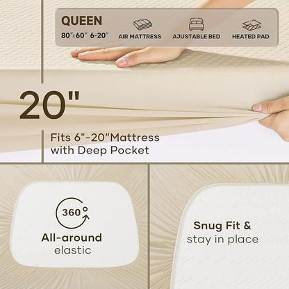 OhGeni 100% Waterproof Mattress Protector, Queen-Beige Size Mattress Pad, Fits 6"-20" Mattresses with Deep Pocket, Cooling, Breathable Fitted Sheets, Soft Bed Cover, Noiseless, Machine Washable
