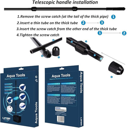 Aquarium Cleaning Tool Set, Fish Tank Cleaning 6-in-1 Set with Nets, Sponge Brush, Plant Fork, Scraper, Rake