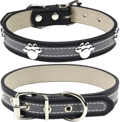 PETCARE Reflective Dog Collar with Cute Paw Rivet Studded Funny Soft PU Leather Adjustable Puppy Dog Collars for Small Medium Large Dogs Cats (Black,X-Large)