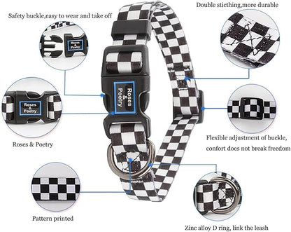 Roses&Poetry Dog Collar with Colourful Checkered Patterns, Adjustable Durable Puppy Collars for Small Medium Large Dogs (Black & White-XS)