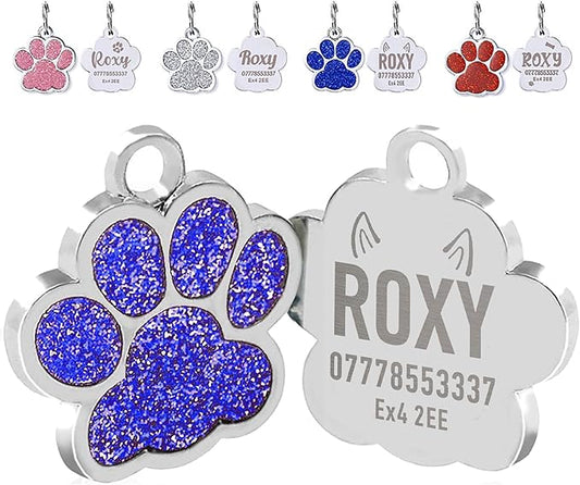 EDSG Cat Dog Tags Personalized for Pets, Dog Name Tags Cat Name ID Tag, Engraved Dog Tags Dog ID Tags Small Glitter Bling ID Tag Paw Print for Cat Pet Dog Puppy(Blue,Design 3)
