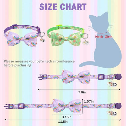 SCENEREAL Cat Collar with Bells, 2 Pcs Breakaway Cat Collars with Adustable Bowtie, Safety Kitten Collar for Boy Girl Cats Puppy, Cute Spring Summer Rainbow & Floral Pet Collar, Green & Purple