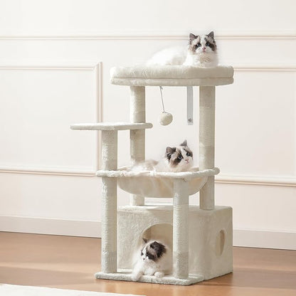 Heybly Cat Tree, Kitten Tower with Large Soft Cat Basket, Cat Condo with Spacious Cat Bed Cave with Hidden Space, Sisal-Covered Scratching Posts, Dangling Ball for Indoor Cats, Beige HCT008SM