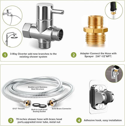 Dog Washing Hose Attachment - Dog Shower Attachment with 3-Way Diverter and 6.56FT Shower Hose, 8-in-1 Water Nozzle Soap Sprayer for Pet Bathing and Garden Nozzle, Pet Grooming Glove
