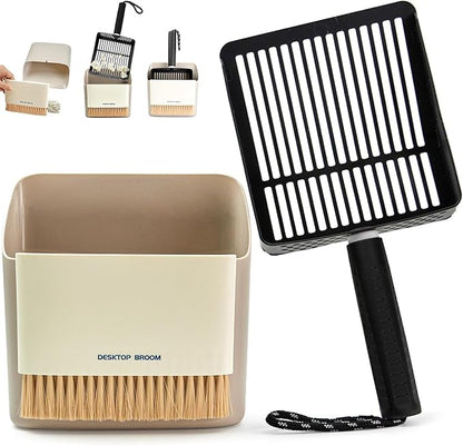 Metal Cat Litter Scooper with Holder, Stainless Steel Metal Litter Scoop Includes Portable Small Broom and Dustpan Set, Speed Sifter Cat Litter Scoop Captures All Clumps, Non-Slip Handle, Easy Clean