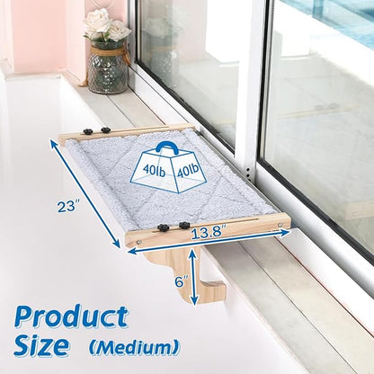 Zakkart Easy Seat Cat Perch for Window Sill - Hammock Design w/Pine Wood & Robust Metal Frame - Cat Window Seat for Large Cats and Kittens (Natural Color Wood w/Gray Bed, Medium (23''W x 14''D))