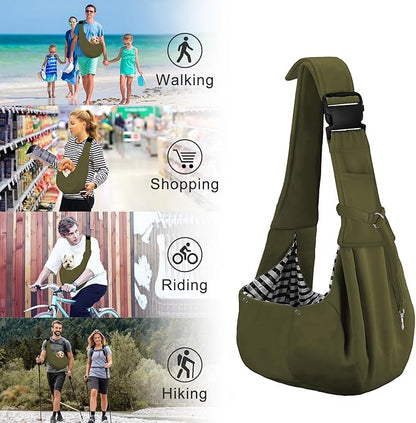 PETLOFT Reversible Dog Cat Sling Carrier, Small Dog Carrier, Adjustable Dog Sling, Hands Free Cross Body Carrier with Collar Hook for Dog/Cat/Bunny up to 11lb (Army Green)