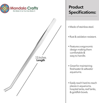 Mandala Crafts 15 Inches Silver Stainless Steel Curved Aquarium Tweezers for Aquatic Plants – Long Aquascape Forceps for Fish Tanks, Hospital Tanks, Goldfish Bowls, and Terrariums