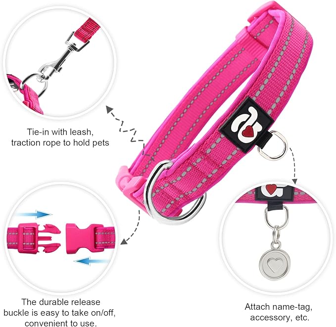 azuza Reflective Dog Collar,Soft Neoprene Padded Pet Collar with ID Tag Ring,Adjustable for Puppy and Small Dogs,Hot Pink,XS