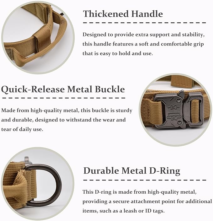 Tactical Dog Collar Set, Adjustable Military Training Nylon Dog Collar with Control Handle and Heavy Quick-Release Metal Buckle for Small Medium Large Dogs, Brown Set XXL