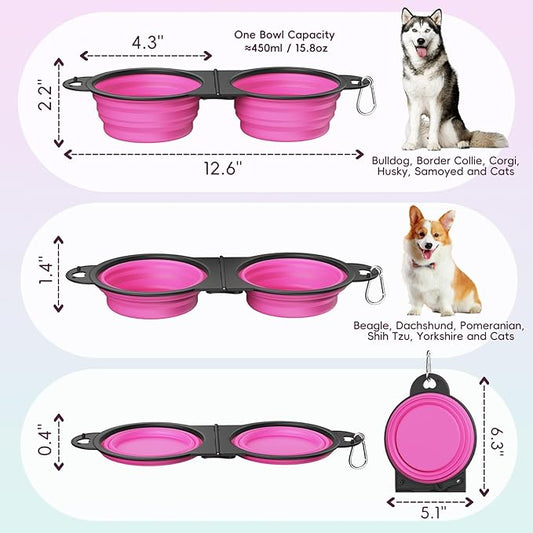 Pawaboo 2-in-1 Collapsible Dog Bowls, Dual Puppy Food and Water Bowls, 180° Flip Over Portable Silicone Dog Bowl with Metal Hook, 450ml Pet Travel Feeder Bowl for Walking Hiking Camping, Pink