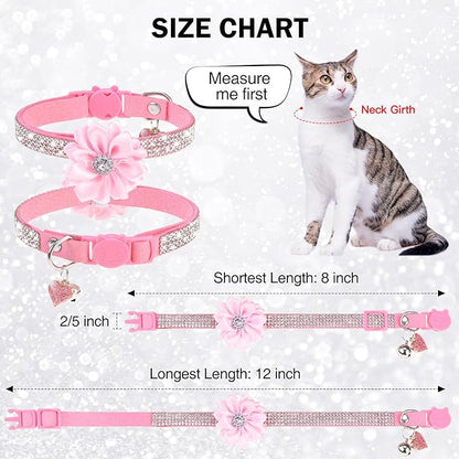 Rhinestone Cat Collar Breakaway with Bell, Diamond Cat Collar with Safety Buckle Quick Release for Girl Boy Small Kitten Pets Puppy,Cute Soft Cat Collars, Color Flower Pink 8-12"