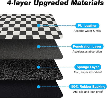 Checkered Dog Food Mat, Absorbent Leak-Proof Pet Feeding Mat, Quick Dry Cat Food Mat for Messy Drinkers 12" x 20" Black
