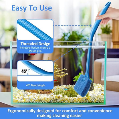 Fish Tank Cleaner with Five Sided Sponge Brush and Long Handle Aquarium Scrubber Alage Scraper for Glass Aquariums Terrarium Home Kitchen(2Pack)
