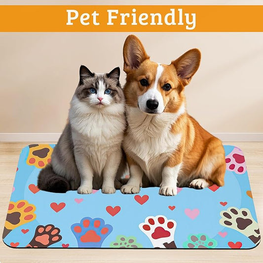Pet Feeding Mat,Dog Paws Absorbent Dog Cat Food Mat Cute Cat Dog Mat with Rubber Backing,Non-Slip Water Bowl Placemat,Pet Supplies 16" x 24"