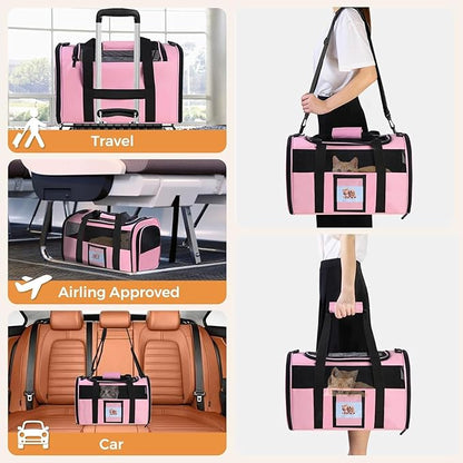 Soft Cat Carrier for Pets Up to 25 lbs, Cat Pet Travel Bag with Padded Shoulder Strap and Detachable Cat Food Bowl, Pet Dog Carriers for Small Dogs and Puppies, Travel Carry, Pink