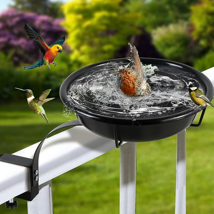 10.6-Inch Bowl Deck Mounted Bird Bath for Outside, Metal Birdbaths for Outdoors, Outdoor Bird Bath with Adjustable Clamp for Railing Balcony Fence, Bird Feeders for Outdoors Garden Decor