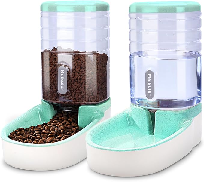 Meikuler Automatic Dog Cat Feeder and Water Dispenser Set,Waterer and Gravity Food Feeder for Small & Medium Dogs Cats Puppies,Large Capacity 1 Gallon x 2 (Green)