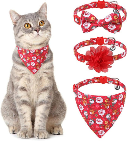 Breakaway Cat Collars with Bell & Cute Pendants - 3 Pack Adjustable Safety Kitten Collars - Decoration for Girl Boy Cats Puppy and Small Pets (Style C - Christmas)