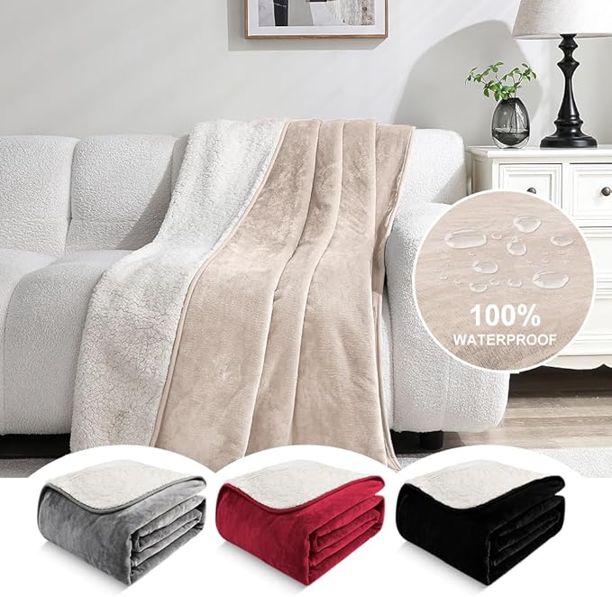 Waterproof Blanket for Pets – Ideal for Couch & Bed Splash Proof Sherpa Throw, Leakproof TPU Layer, Stain Resistant Washable Bed Protector – Khaki, 60"x40"