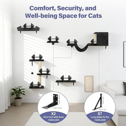 Cat Wall Shelves, Stable & Safe 6 in 1 Cat Furniture Set Black, for Cats to Climb, Hide, Lounge, and Scratch