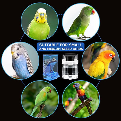 Yaomiao 8 Pcs No Mess Small Bird Feeders with 4 Pcs Cage Perch Automatic Drinker Parakeet Seed Dispenser Quail Feeder and Watered Cage Accessories for Small Birds Parrot Cockatoo Canary(Blue)