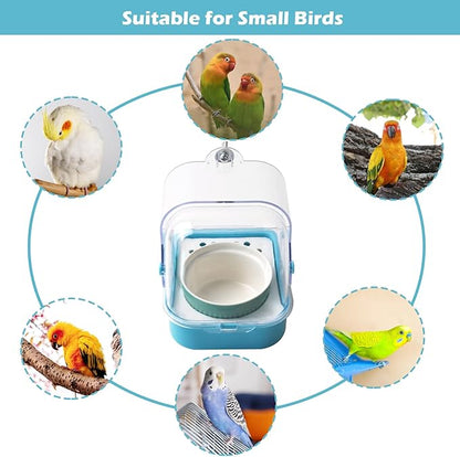 2 in 1 No Mess Bird Feeder,Bird Cage Feeder with Ceramic Bowl and Parrot Bathtub with Bottom Drawer Hanging Tube Shower Box for Birds Budgies Parakeet Small Parrot Cockatiels(Blue)