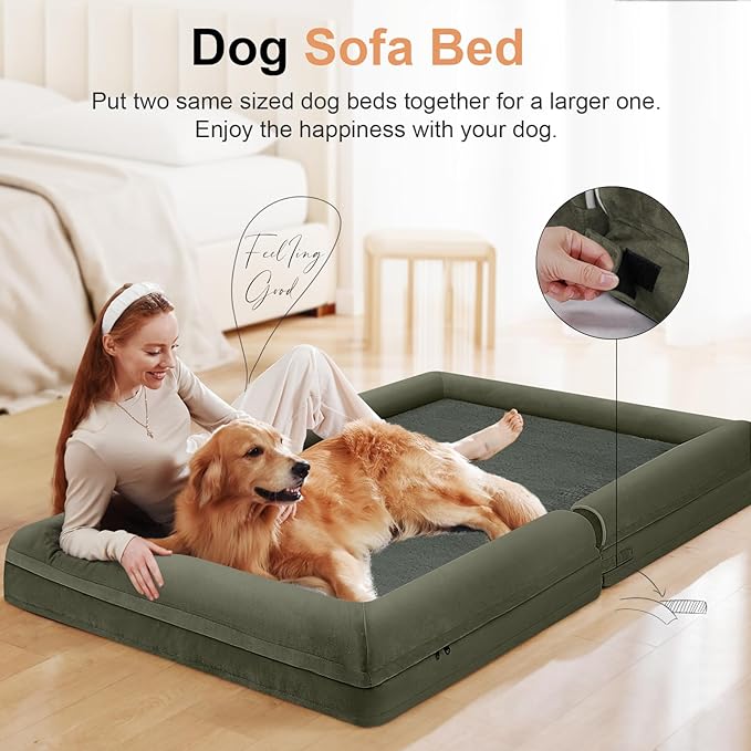 Large Dog Bed Orthopedic Washable: Jumbo Dog Bed Bolster Extra Large Dogs Egg Crate Foam Sofa Couch Waterproof Removable Cover - Dark Green