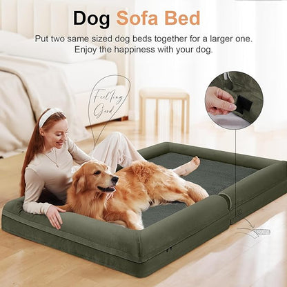 Large Dog Bed Orthopedic Washable: Jumbo Dog Bed Bolster Extra Large Dogs Egg Crate Foam Sofa Couch Waterproof Removable Cover - Dark Green