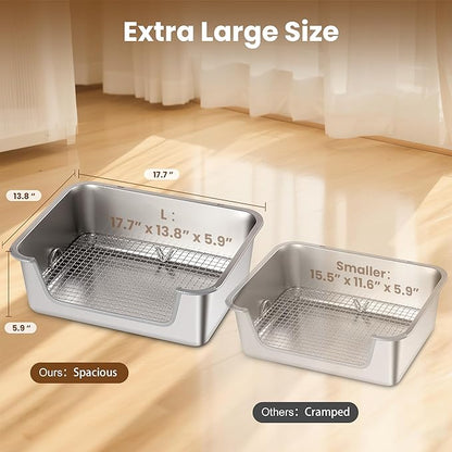 Rabbit Litter Box, Extra Large Bunny Litter Box with 304 Stainless Steel Sifting Tray & Hooks, Rabbit Litter Box, Easy to Clean and Odor Control (17.7" × 13.8" × 5.9")