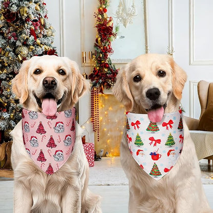 Cute Christmas Dog Bandanas Small 2PCS, 4 Pattern Holiday Scarf for Boy and Girl, Triangle Reversible Bibs Breed for Puppy Pets