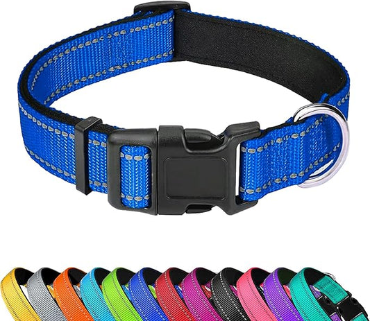 Reflective Dog Collar, Adjustable Soft Neoprene Padded Nylon Pet Collars with Buckle for Large Dogs, Navy Blue,L