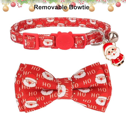 ADOGGYGO Christmas Cat Collar with Removable Bow Bell, 2 Pack Red Green Santa Reindeer Christmas Collars for Cat Kitten