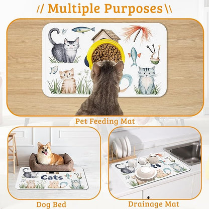 Cats Dog Food Mat,Cute Fun Absorbent Pet Feeding Mat for Food and Water Bowl,Quick Dry Dog Placemat Non Slip Rubber Backing Waterproof Pet Supplies 12" x 20"