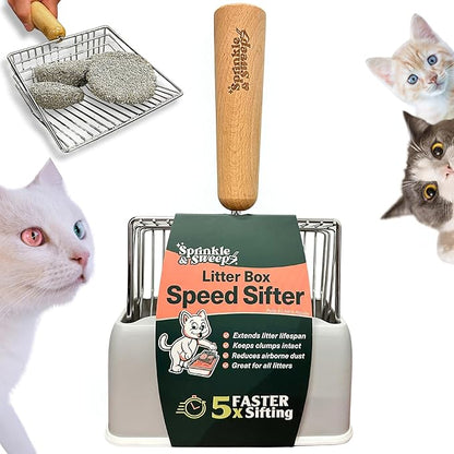 Sprinkle & Sweep Metal Cat Litter Scoop - Heavy Duty Litter Scooper & Speed Sifter with Comfortable Beech Wood Grip - Washable Convenient Stand for Easy and Efficient Cleaning