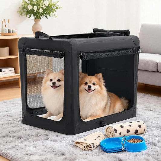 Dog Travel Crate 36 Inch, Portable Soft-Sided Travel Carriers for Dogs and Cats, Foldable Pet Kennel with 3-Doors Mesh Windows Indoor & Outdoor, Black